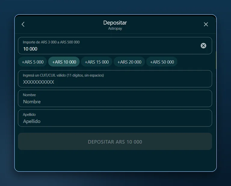 Formulario de depósito con AstroPay en Bet On Win: importe de 3.000 a 500.000 ARS, CUIT/CUIL, nombre y apellido