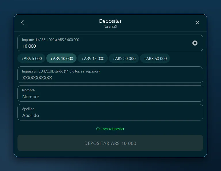Formulario de depósito con NaranjaX en Bet On Win: importe de 1.000 a 5.000.000 ARS y CUIT/CUIL