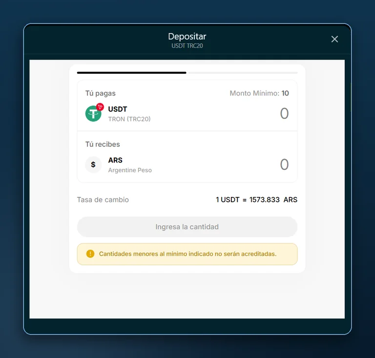 Depósito con USDT TRC20 en Bet On Win: monto mínimo de 10 USDT y conversión a pesos argentinos