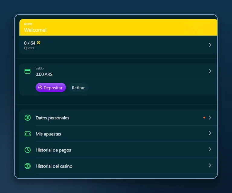 Panel de la cuenta en Bet On Win con saldo en ARS, misiones Hero y datos personales