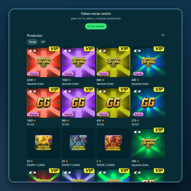 Tienda de Bonos de Bet On Win con productos de giros gratis, apuestas gratis y Raspa y Gana canjeables por Coins