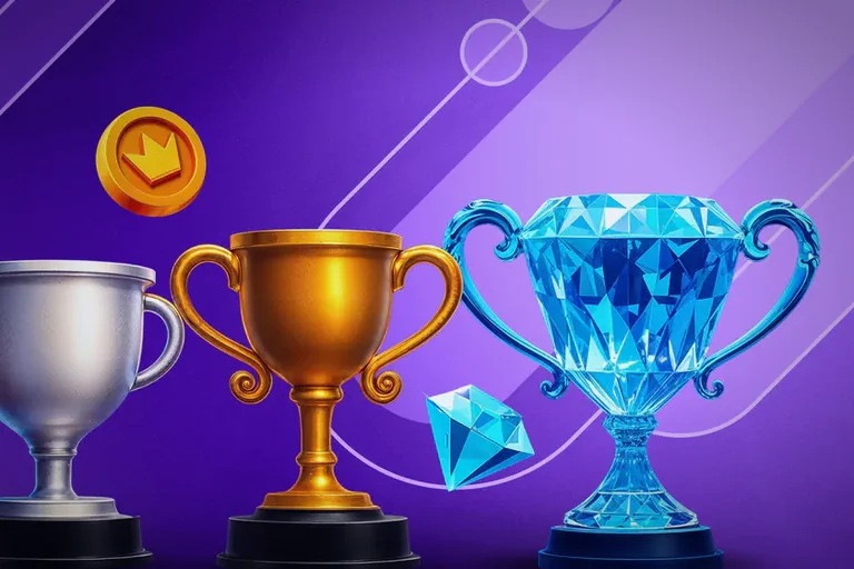 Ilustración del programa de lealtad de Bet On Win: trofeos de plata, oro y diamante